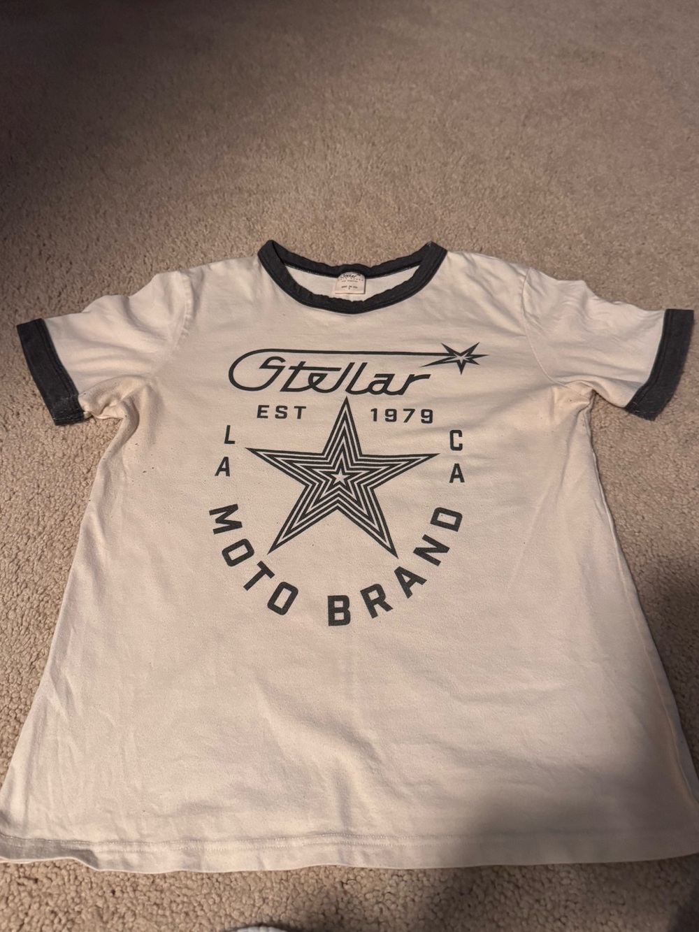 Vintage Stellar Works White T‑Shirt with Black Ringer and Star Graphic